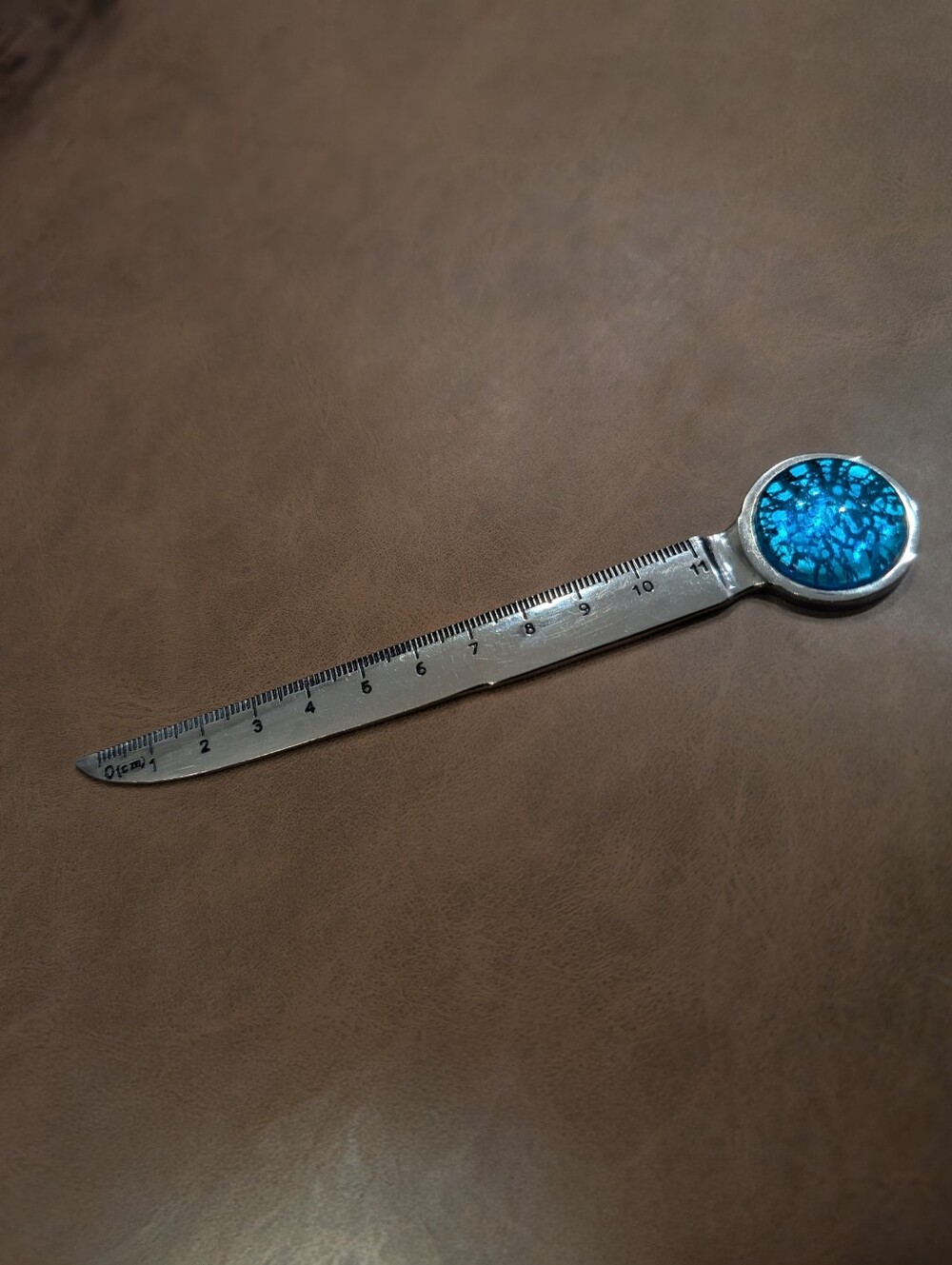 Vintage Metal Ruler Bookmark Letter Opener 11cm Blue Resin Cabochon Executive